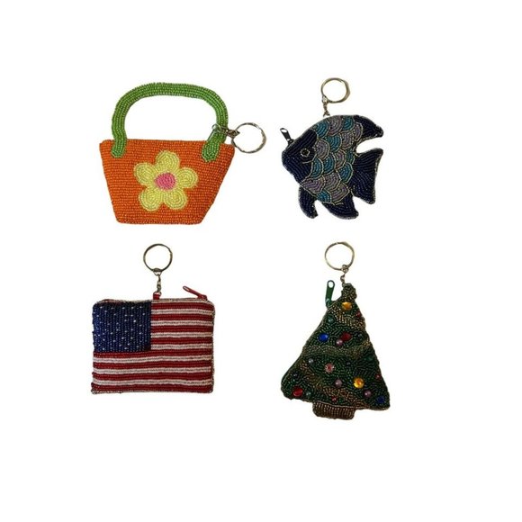 Beaded Coin Pouch Keychain Fish Flower American Flag Christmas Tree - Picture 2 of 8